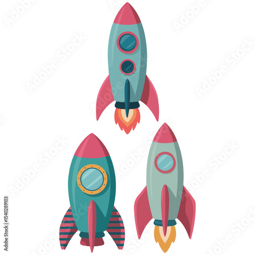 Colorful space rockets set vector isolated white background