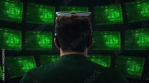 Person with Headphones Surrounded by Multiple Green Screens Displaying Digital Data Matrix