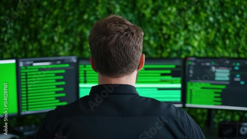 Professional Male Programmer Working with Multiple Monitors in Modern Office Environment Surrounded by Greenery