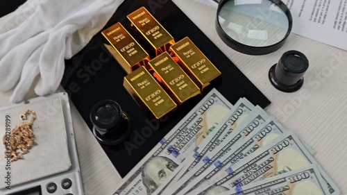 Examining valuable gold bars and cash at a financial assessment setting in a well-lit office