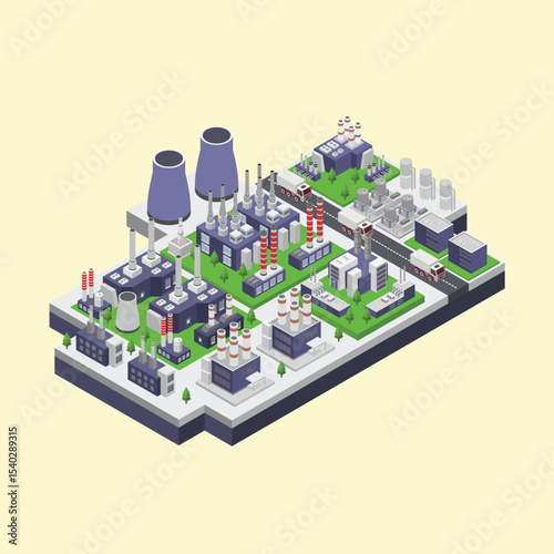 Isometric Illustration of an Industrial Complex Power Plant, Factories, and Transportation Hub