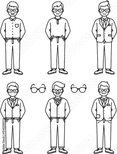 Stylish Men's Fashion Illustrations Diverse Outfit Choices for Modern Gentleman