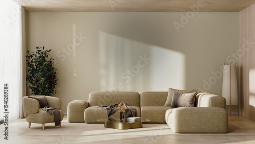 Modern living room interior in beige tones with sofa, table and armchair, 3d render