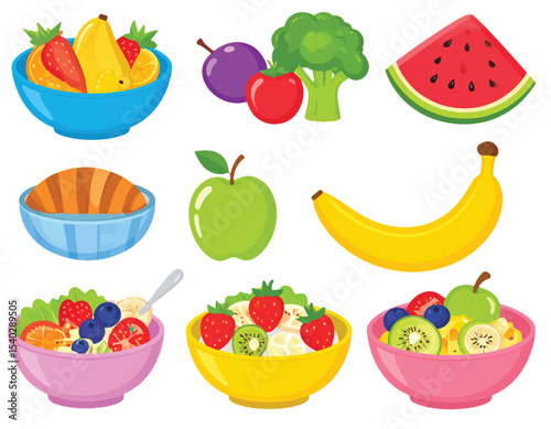 A vibrant collection of fresh fruit and vegetable illustrations, including apples, bananas, oranges, and strawberries, perfect for a healthy food and vegetarian diet theme