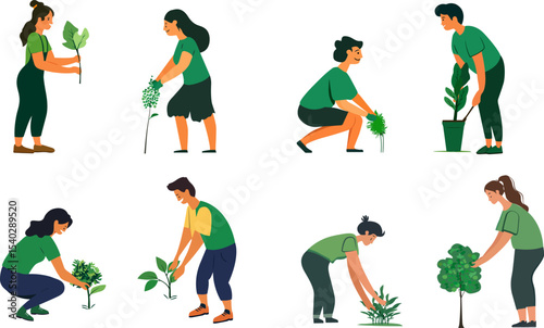 Cultivating a Green Future: A collection of individuals actively engaged in the art of planting, symbolizing environmental stewardship and the collective responsibility towards a sustainable future.