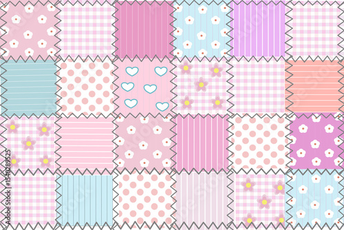 Sweet colorful patchwork seamless pattern from square patches and gingham . Multicolor print for fabrics and textiles.Quilt design, hand made.