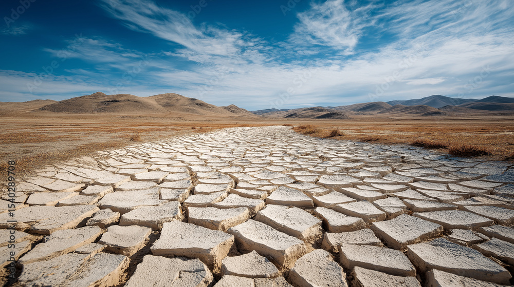 Fototapeta premium Parched, cracked dry earth texture in a barren desert landscape — climate change, global warming, drought, environmental disaster background