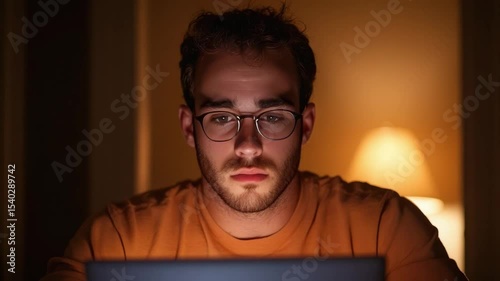 Young Man Working Late at Night on Laptop with Focused Expression in Cozy Ambient Light Setting