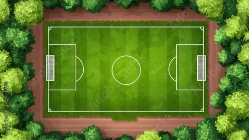 Aerial View of a Green Soccer Field Surrounded by Lush Trees in a Vibrant Natural Setting