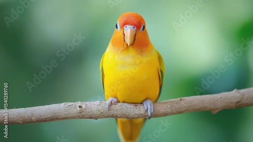 Vibrant Colorful Bird on a Branch Against a Soft Green Background, Ideal for Nature and Wildlife Photography