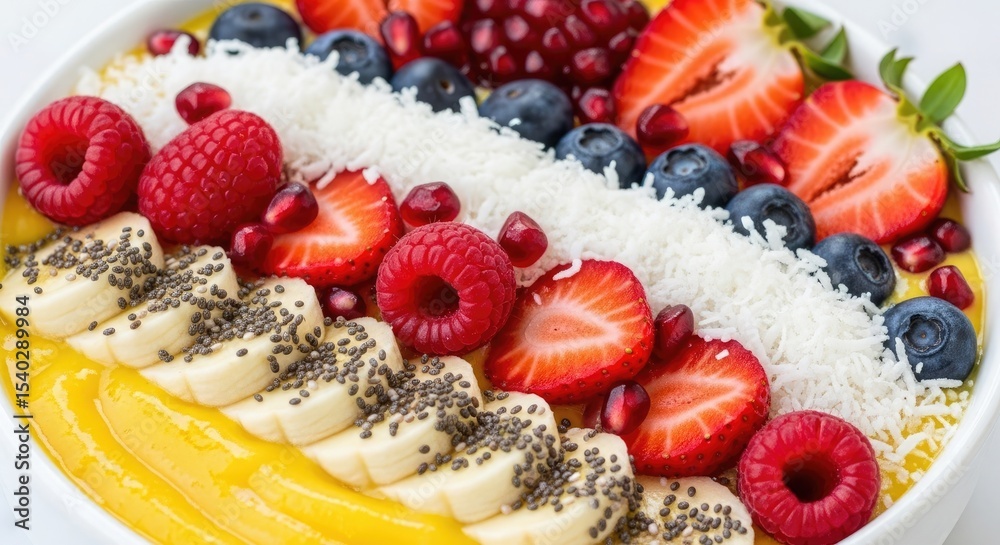 Fototapeta premium Mango Smoothie Bowl with Strawberries Raspberries Blueberries Banana and Pomegranate Seeds