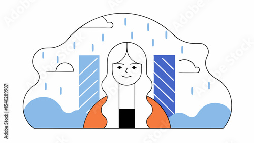 Woman Under Rainy Sky with Abstract Charts