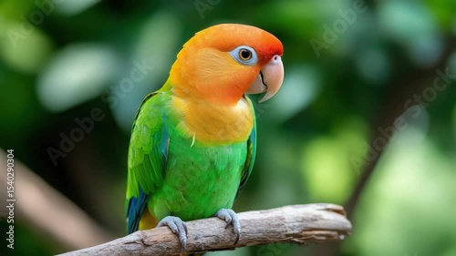 Colorful Parrot Perched on Branch Against Lush Green Background, Captivating Exotic Bird in Natural Habitat
