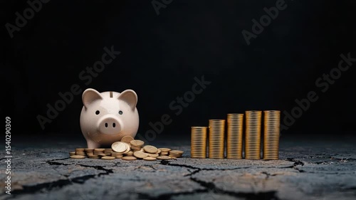 Piggy Bank Surrounded by Coins with Golden Bars Falling in Background Capturing Concept of Savings and Investment Growth