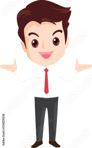 Business Professional in Presentation: A confident business professional stands in a clean setting, his arms outstretched as if presenting or explaining a concept.