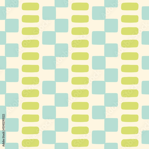 Hand drawn abstract geometric pastel seamless pattern. Mosaic check background. Green, blue, cream border stripe print.
