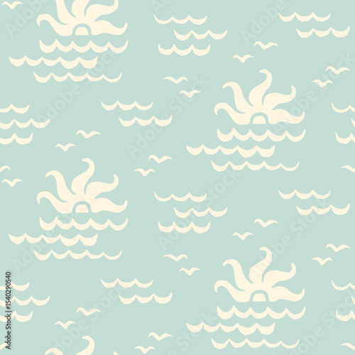 Sea sunset, seagulls, waves seamless pattern. Vintage summer holiday print. Pastel blue nautical retro surf pattern.