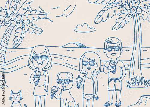 Summer vacation seamless pattern. Sketch drawing, summer vacation with family sketching silhouette, Summer Activities for Kids Vector, Summer Day at the Park Vector Illustration