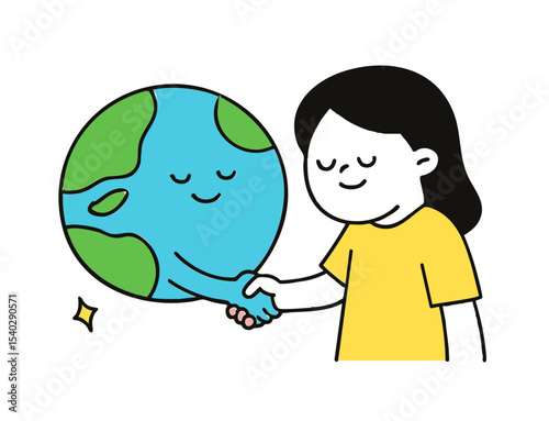Child Shaking Hands with Happy Earth