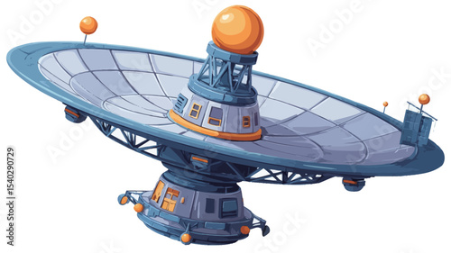 The image is a cartoon illustration of a large satellite dish antenna.  The antenna is primarily blue and gray with an orange spherical element at its apex.  It has a parabolic reflector and