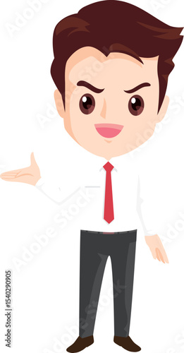 Animated Presenting Businessman: A charming illustration of a businessman gesturing and smiling, ready to present, suitable for business and marketing purposes.