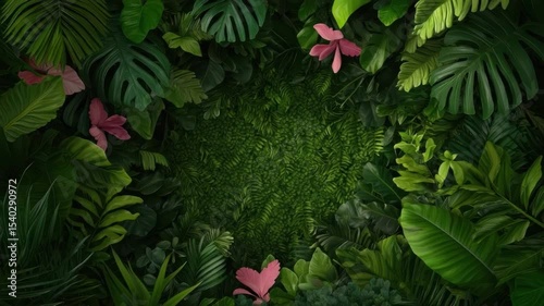 Lush Green Jungle Background with Tropical Leaves and Pink Flowers for Nature-Themed Designs and Projects