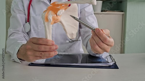 Doctor discusses hip joint anatomy with a detailed model during an educational session on human skeletal structure