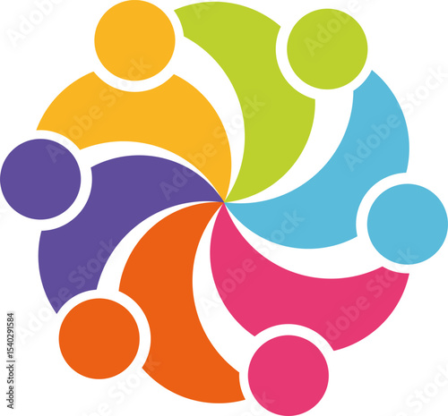 Colorful Community Symbol: A vibrant and symbolic illustration of a diverse community, represented by six interconnected figures forming a swirling, colorful circle. The design promotes unity.