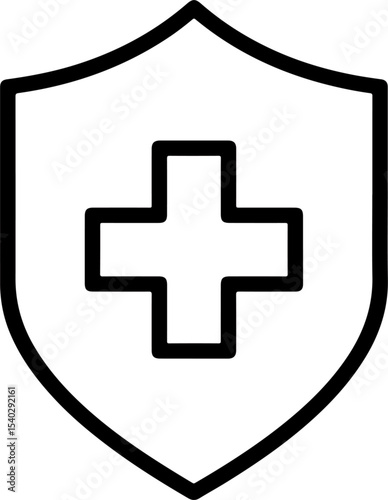 Black Bold Outline Shield Icon with Central White Cross Medical Symbol Healthcare Protection Graphic