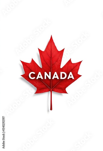 Red maple leaf with bold white Canada text in center isolated on clean white background symbolizing national identity