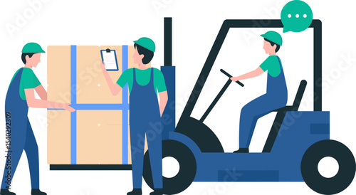 Efficient Logistics in Action: Dynamic illustration of a logistics operation with workers using forklift in warehouse. Focused on teamwork, and the careful handling of packages.