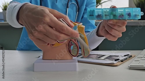 Doctor makes diagnosis and gives advice on treating male erectile dysfunction. Man health problems and pills