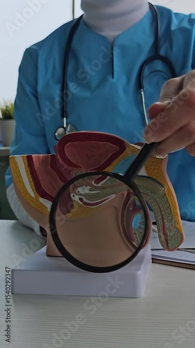 Medical professional explains male reproductive system using anatomical model in clinical setting