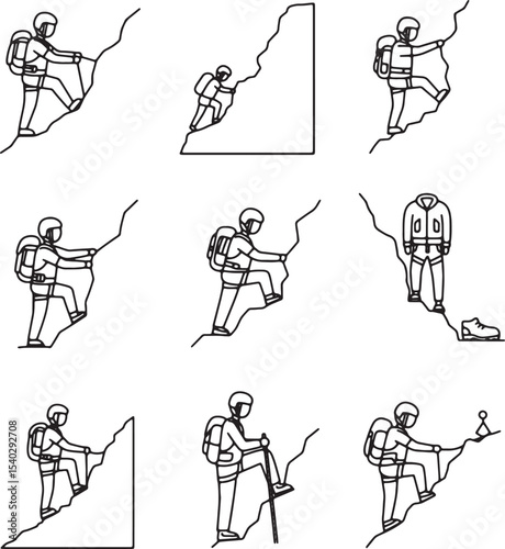 Rock Climbing Illustrations Line Art Set for Hiking, Mountaineering, and Outdoor Adventures