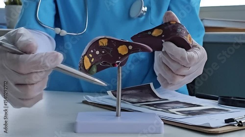 Medical training session highlighting liver anatomy with a model in a clinical setting