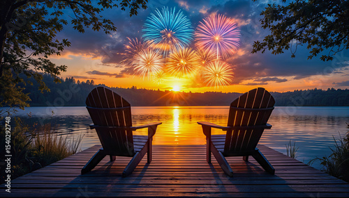 Colorful fireworks bursting in sky above tranquil lake with two empty wooden chairs on dock at sunset