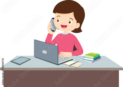 Busy Home Office: A lively depiction of a woman multi-tasking in a home office, engrossed in a phone call, while diligently working on her laptop, amidst books and an organized workspace. 