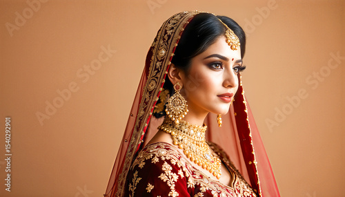 Beautiful Indian bride in traditional red wedding dress and jewelry with soft makeup against peach background