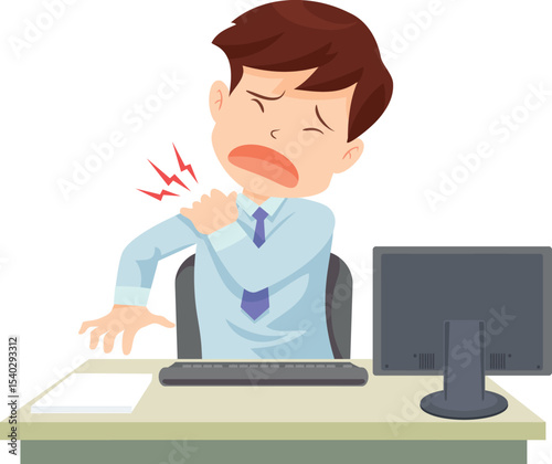Shoulder Pain at Work: Depicting the discomfort of a worker experiencing acute shoulder pain while working at the desk. Emphasizing workplace stress, health issues.