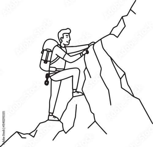Climber Ascending Rocky Mountain Peak Line Art Illustration of a Determined Hiker Scaling a Steep Cliff Face, Reaching the Summit