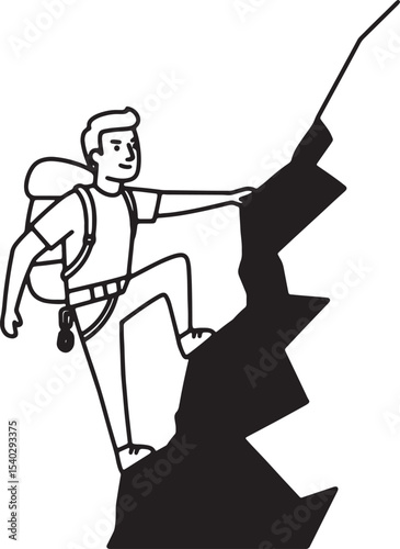 Climber Ascending a Rugged Mountain Peak A Black and White Illustration