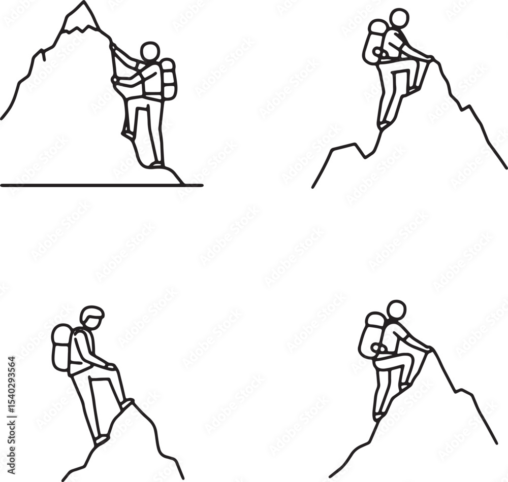 Fototapeta premium Mountain Climbing Illustrations Line Art Cliparts of Hikers Ascending Peaks