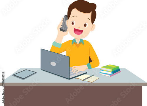 Focused Work and Communication: A person manages multiple tasks simultaneously, holding a phone to their ear while working on their laptop, showing efficiency.