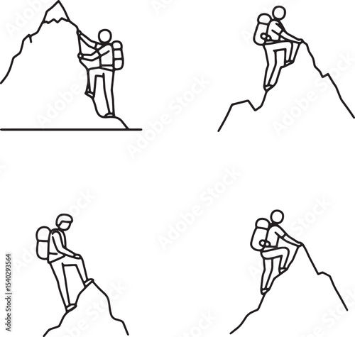 Mountain Climbing Illustrations Line Art Cliparts of Hikers Ascending Peaks