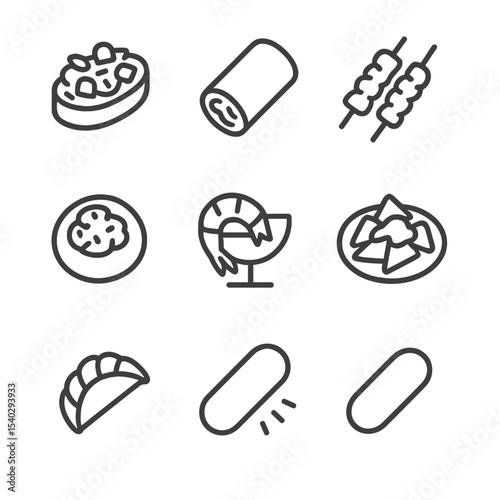 Appetizers Icon Set. Outline icon set of appetizers menu: bruschetta, spring roll, chicken satay, mozzarella stick, stuffed