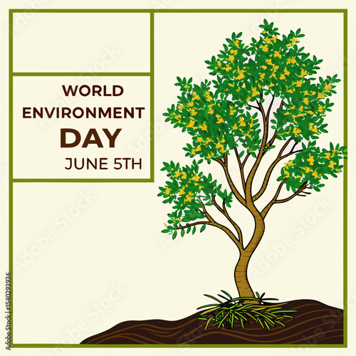 a lush, green plant growing out of soil, with the text "World Environment Day June 5th" overlaid on the image, 8k, highly detailed, photorealistic, bright colors, sharp focus