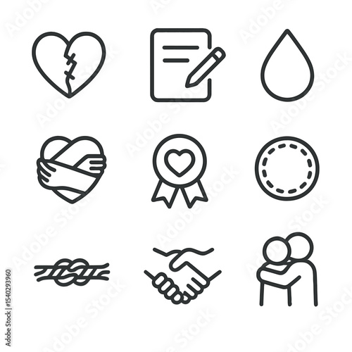 Apology Icon Set. Outline icon set of offering and receiving apologies: broken heart stitch, apology note, tear drop, embrace arms