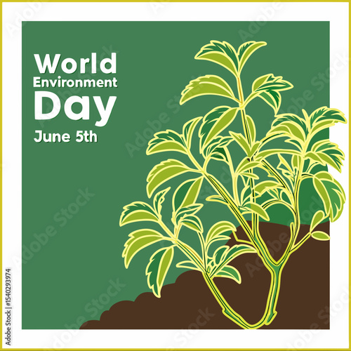 a lush, green plant growing out of soil, with the text "World Environment Day June 5th" overlaid on the image, 8k, highly detailed, photorealistic, bright colors, sharp focus