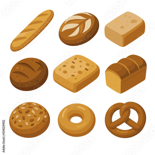 Artisan Bread Icons. Isometric Flat icon set of artisan bread collection: baguette, sourdough loaf, ciabatta, rye boule, focaccia,