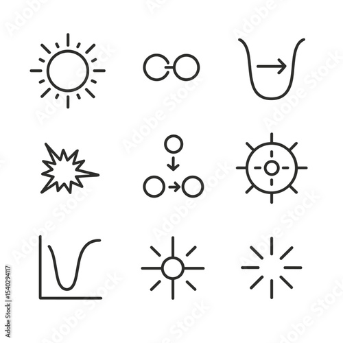 Astrophysical Icons Grid. Outline icon set of astrophysical quantum tunneling: stellar core icon, proton fusion icon, barrier